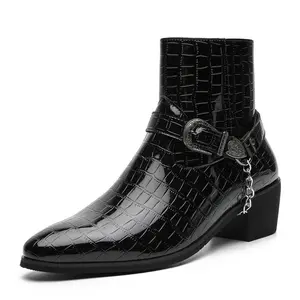 New Men Pointed Toe Chelsea Boots, Crocodile Pattern High Top Ankle Boots with Side Zipper, Casual Daily Footwear166731-J