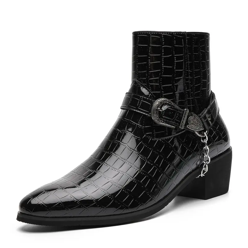 New Men Pointed Toe Chelsea Boots, Crocodile Pattern High Top Ankle Boots with Side Zipper, Casual Daily Footwear166731-J