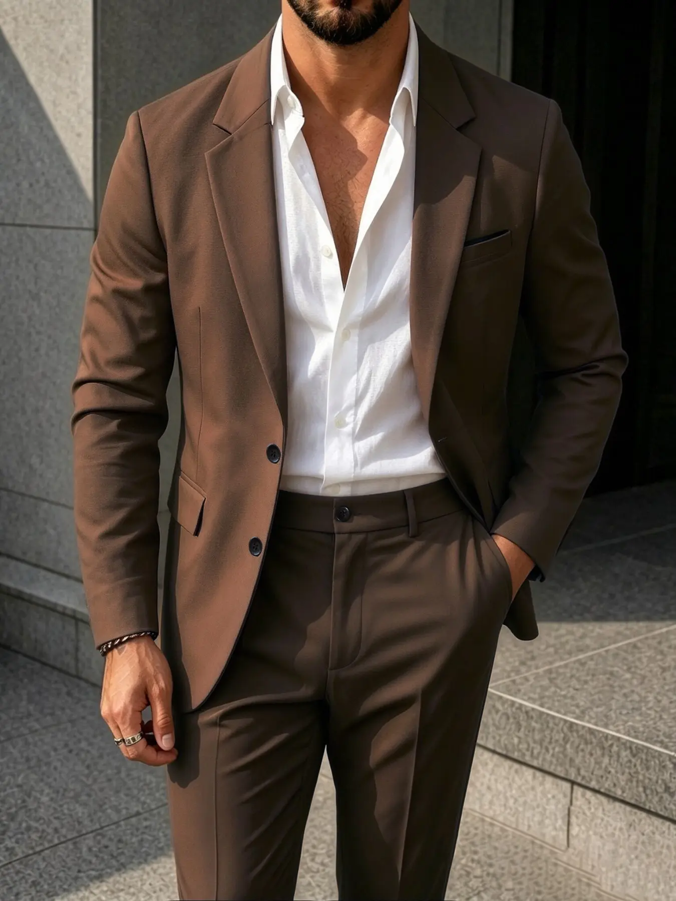 Men's Fall New Suit Set, Minimalist Italian Business Style, Flat Lapel Two-Button Blazer Jacket, Back Elastic Waist Trousers, Suit Pants, Comfortable Wrinkle-Resistant Fabric