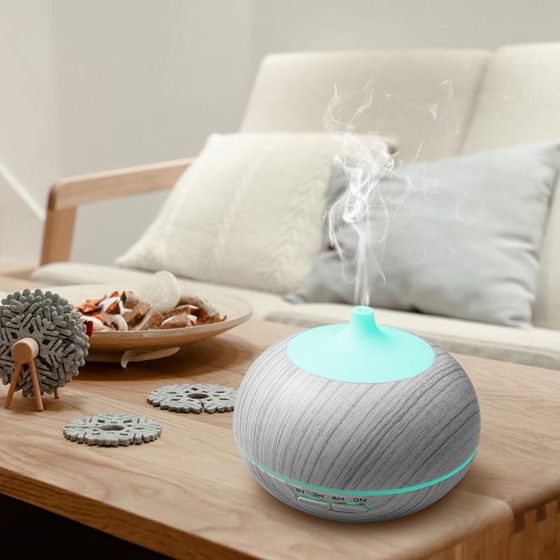 550ml Wood Grain Essential Oil Diffuser, Auto Shut Off, 7 LED Colors, Remote Control Humidifier, 6 Oil Set