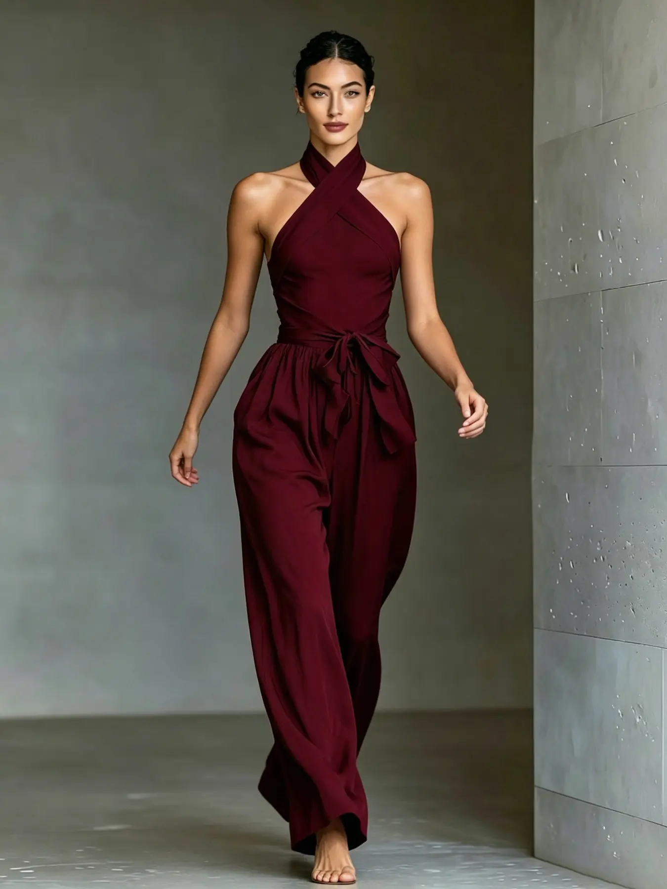 C3707 Quiet Luxury Soft Life Co-Ord Jumpsuit, Women Cross Wrap Halter Neck Athleisure One-Piece, Self Tie Belted Waist Hidden Side Pockets Flowy Wide Leg Clean Girl Daily Resort Outfit.