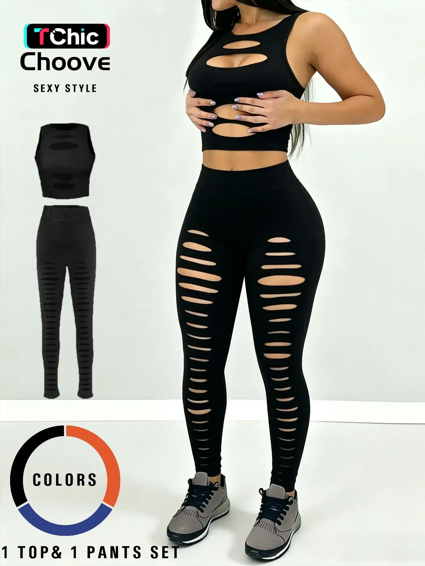 Women's Sexy Hollow Out Sleeveless Crop Top and High Waisted Leggings, Fitted Matching Set, High Stretch Fabric, Ripped Design, Casual All-Season Wear