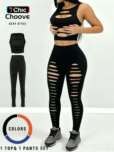 Women's Sexy Hollow Out Sleeveless Crop Top and High Waisted Leggings, Fitted Matching Set, High Stretch Fabric, Ripped Design, Casual All-Season Wear