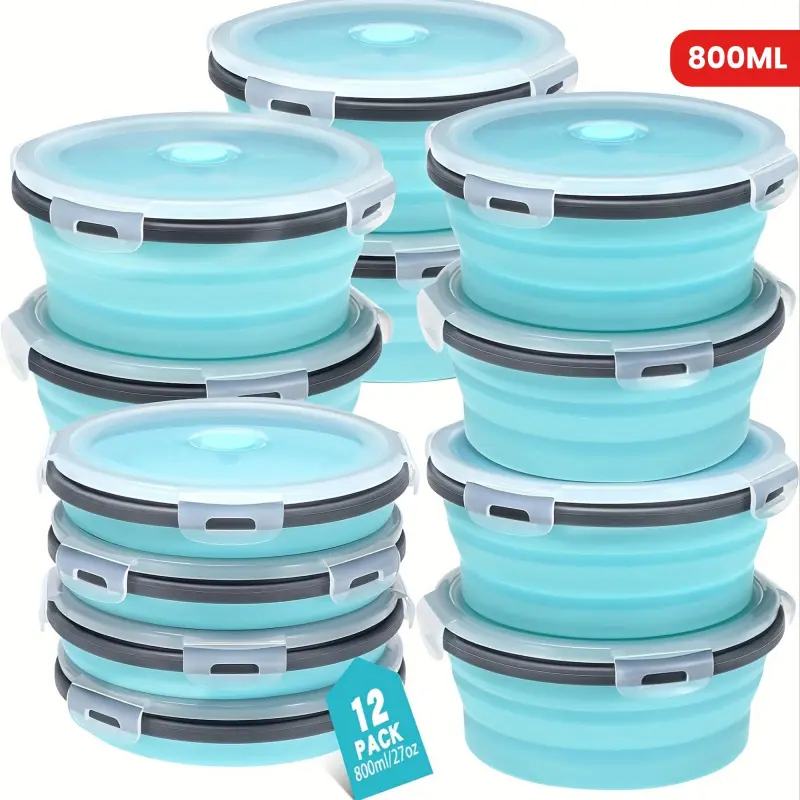 12 Pack Collapsible Silicone Food Containers 27.05oz Round Microwave Safe Foldable Bowls for Camping Hiking Freezer Dishwasher Safe Kitchen Storage