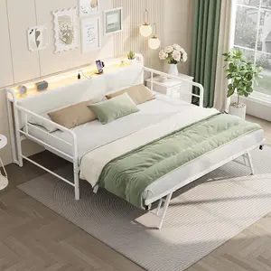 Daybed with Trundle and LED Light, Twin Size Bed Frame with Corduroy Upholstered Headboard and Charging Station, for Living Room, Bedroom, White ﻿