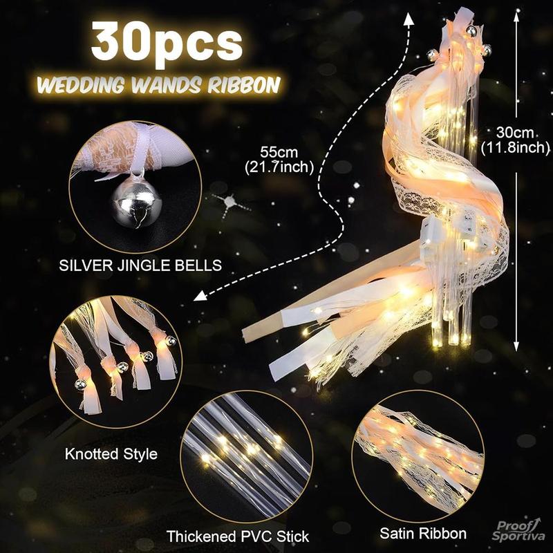 Proof Sportiva 30 Pieces Wedding Wand Ribbon Fluttering, 3 Light Up Modes, Light Up LED Silk Fairy Tale Wand, Light Up Lace Wand with Bell, Suitable for Weddings, Carnivals, Concerts, New Year's Day, Birthday Parties, Holiday Parties and more!