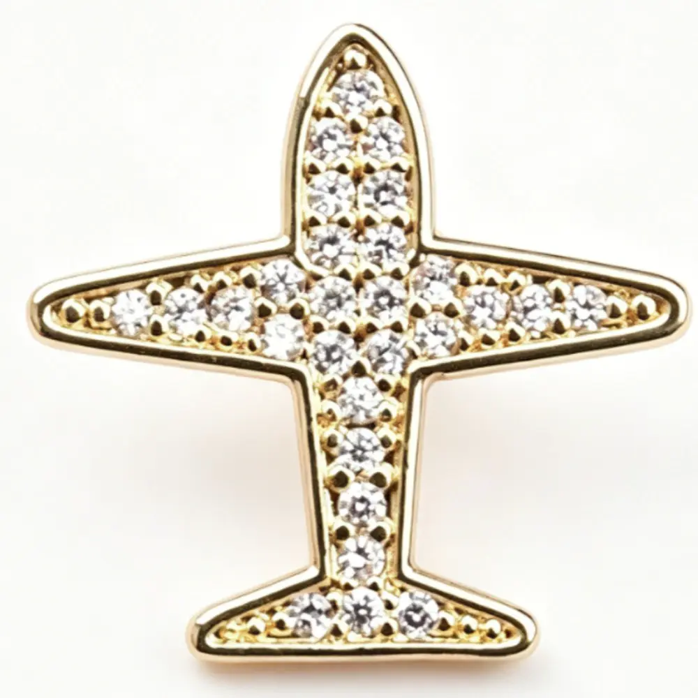 Gold Airplane Brooch Fully Paved Clear Round Rhinestone, Minimalist Aviation Themed Daily Suit Pin