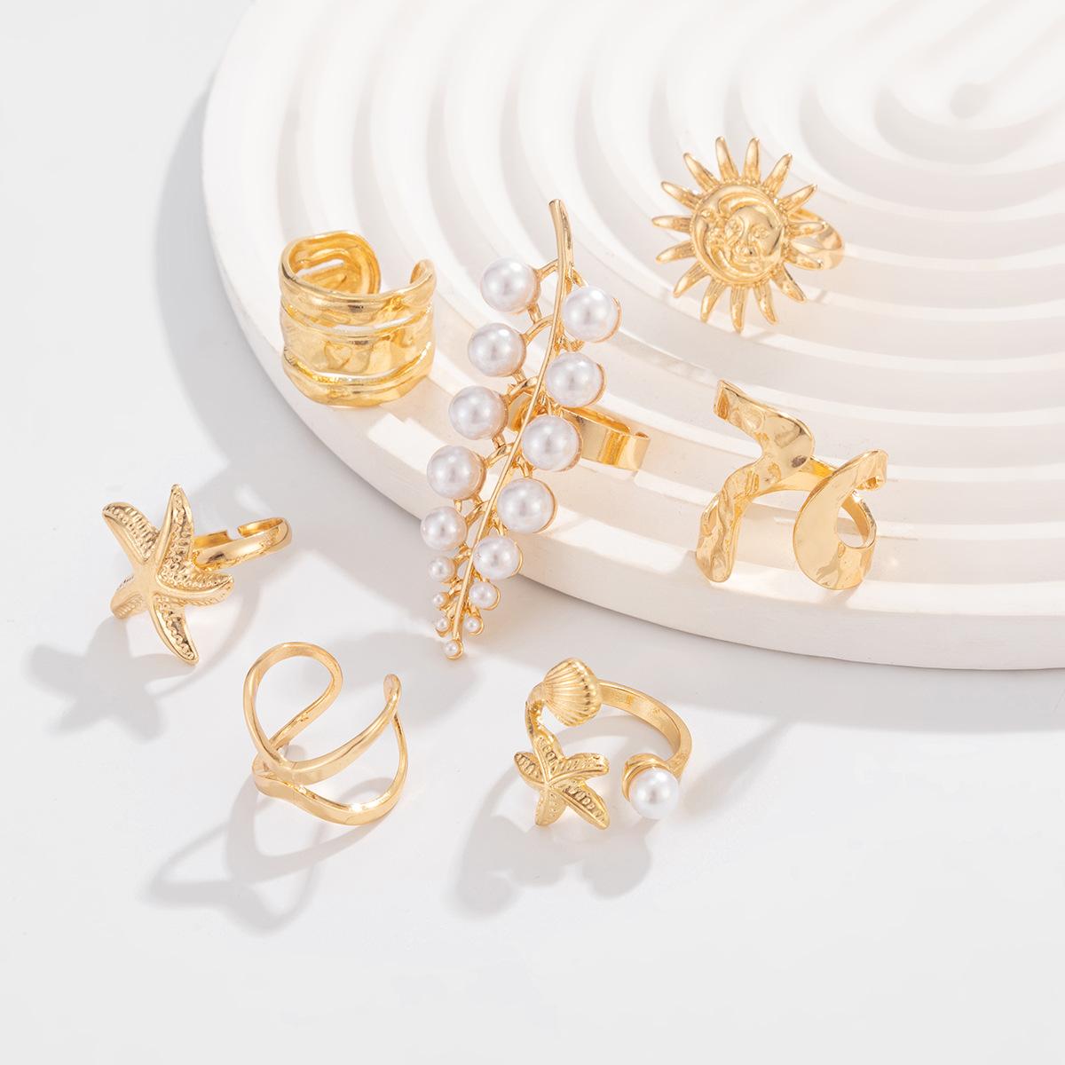 Ocean Vacation Style Starfish & Shell Rings Set – Unique Pearl-Embellished Branch Design