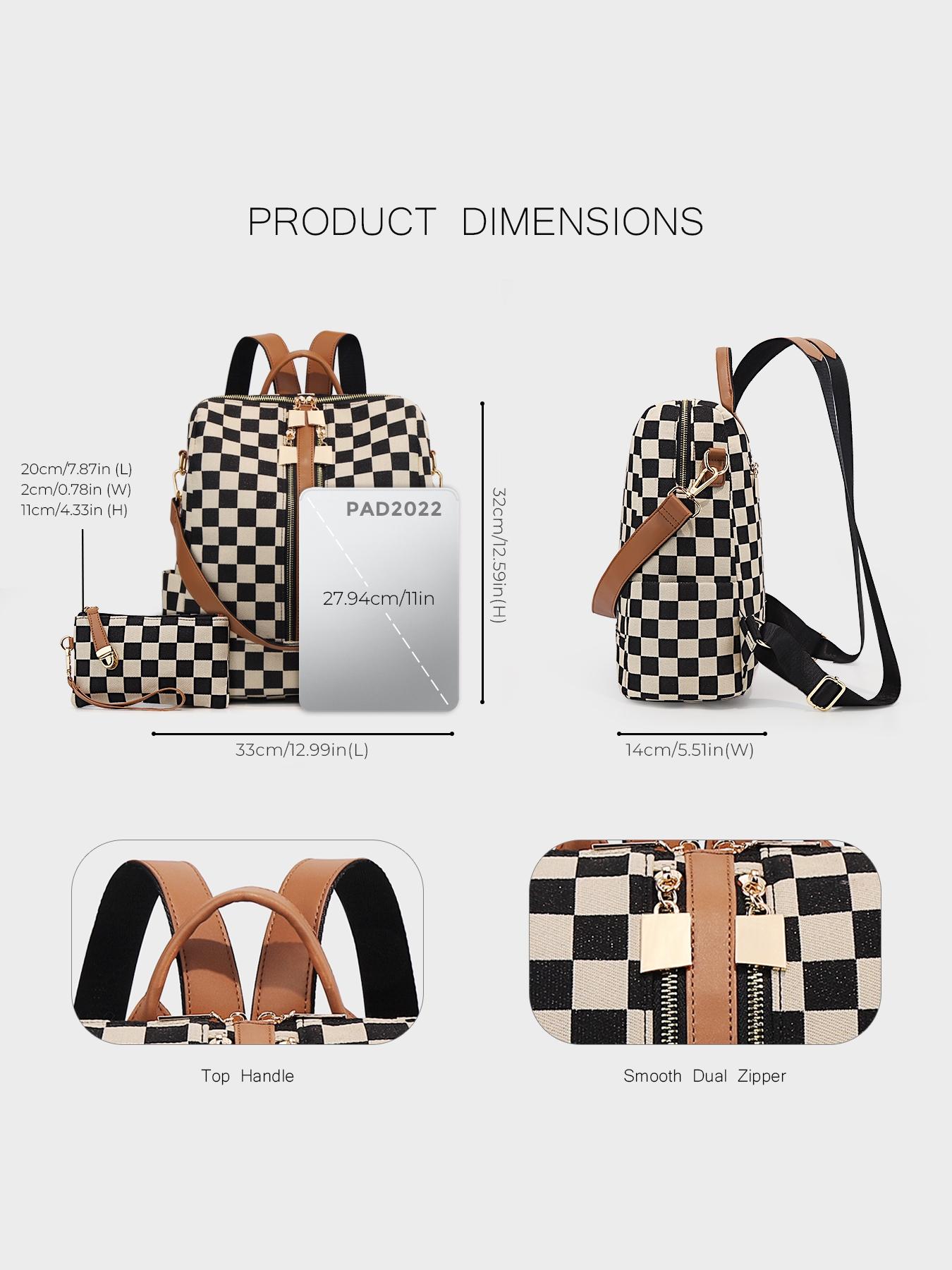 Checkerboard Pattern Backpack Set, Women'S Fashionable Vintage Trendy Casual Large Capacity Zipper Travel Backpack & Wristlet, Multifunctional Bag Set For Daily Use