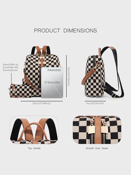 Checkerboard Pattern Backpack Set, Women'S Fashionable Vintage Trendy Casual Large Capacity Zipper Travel Backpack & Wristlet, Multifunctional Bag Set For Daily Use
