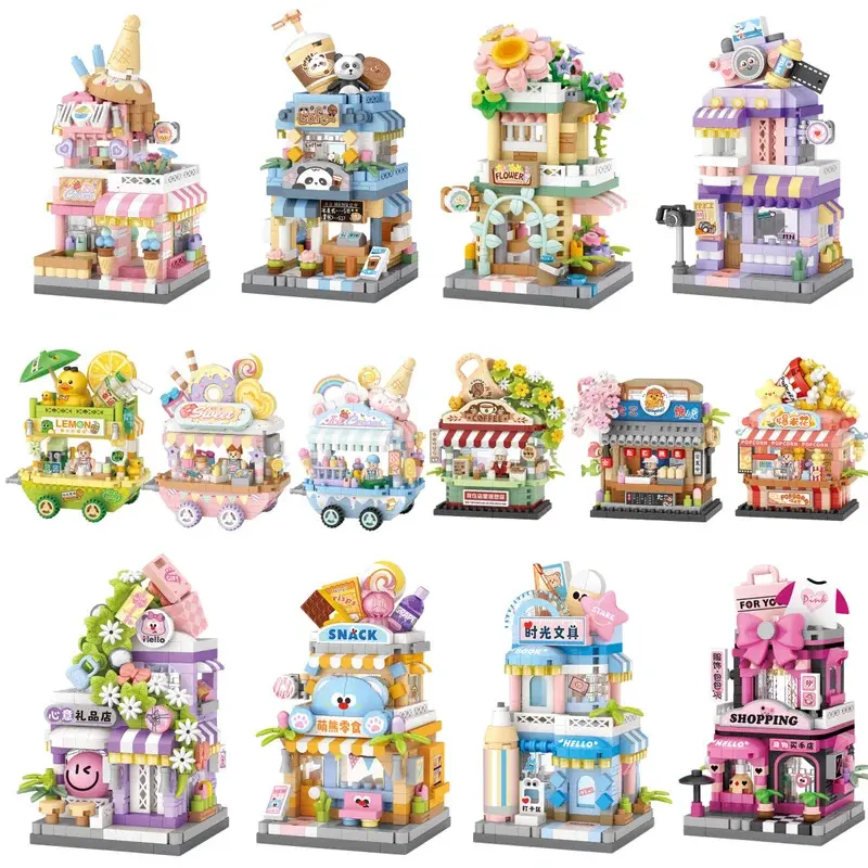 Unisex Plastic Panda Pet Coffee Ice Cream Flower House Dessert Shop Street View Food House Building Blocks Model Kit Toy Set for Kids, Coffee Ice Cream Flower House Appliance
