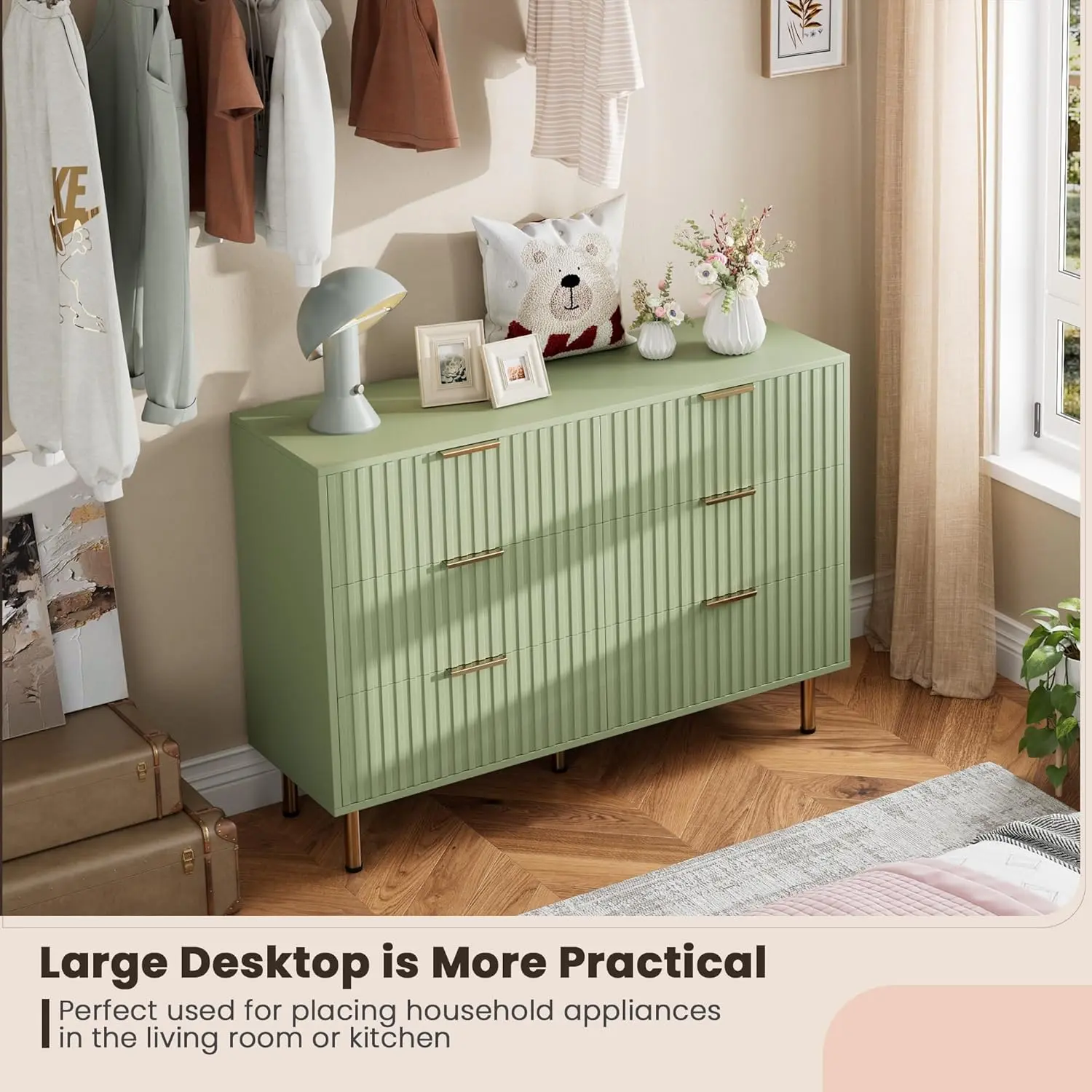 Garvee Fluted 6 Drawer Dresser – 54" Wide Modern Chest of Drawers with Deep Storage – Large Double Dresser TV Stand, Organizer for Bedroom, Living Room, Hallway, Nursery, Kids Room – Multiple Colors
