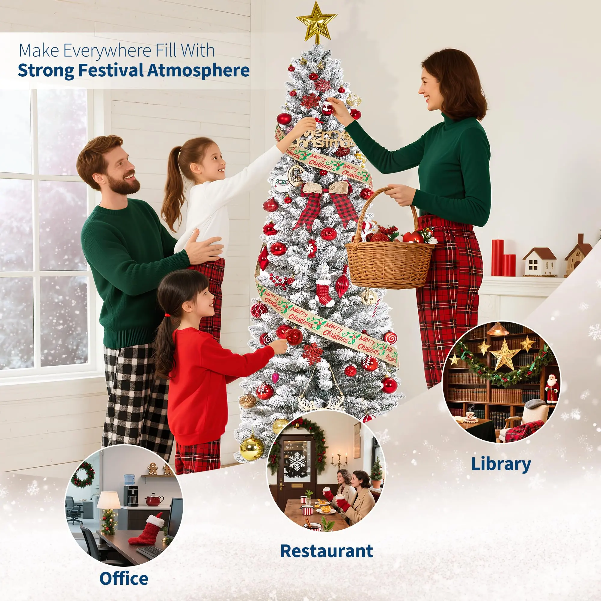 Christmas Tree,Pencil Artificial Tree with Prelit Branch Tips, Snow Flocked Slim Design, Warm White LED Lights & Foldable Stand, Easy Assembly for Home, Office, Apartment
