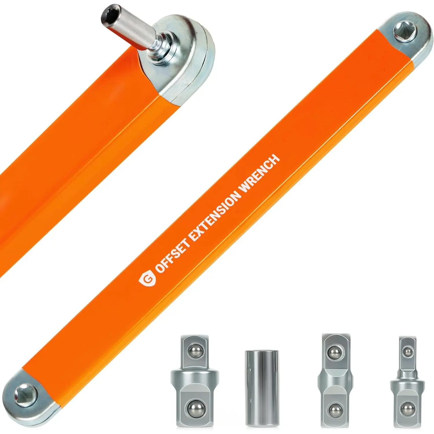 Offset Extension Wrench, 15.4 Inch Drive Extension Bar with 1/4", 3/8" & 1/2" Square Drive Adapters, Steel Offset Wrench Extender Tool for Tight Spaces, Workshop and Mechanical Maintenance