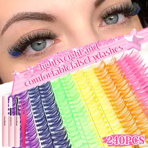 600/392/240Pcs DIY Eyelash Extension Set, Mixed Style Individual Eyelashes with Glue, Tweezers and Brush, Mixed Length & Color D Curl Eyelashes Clusters, Beginner Friendly Lashes, Voluminous Lashes for Parties, Eyelash Extensions Kit