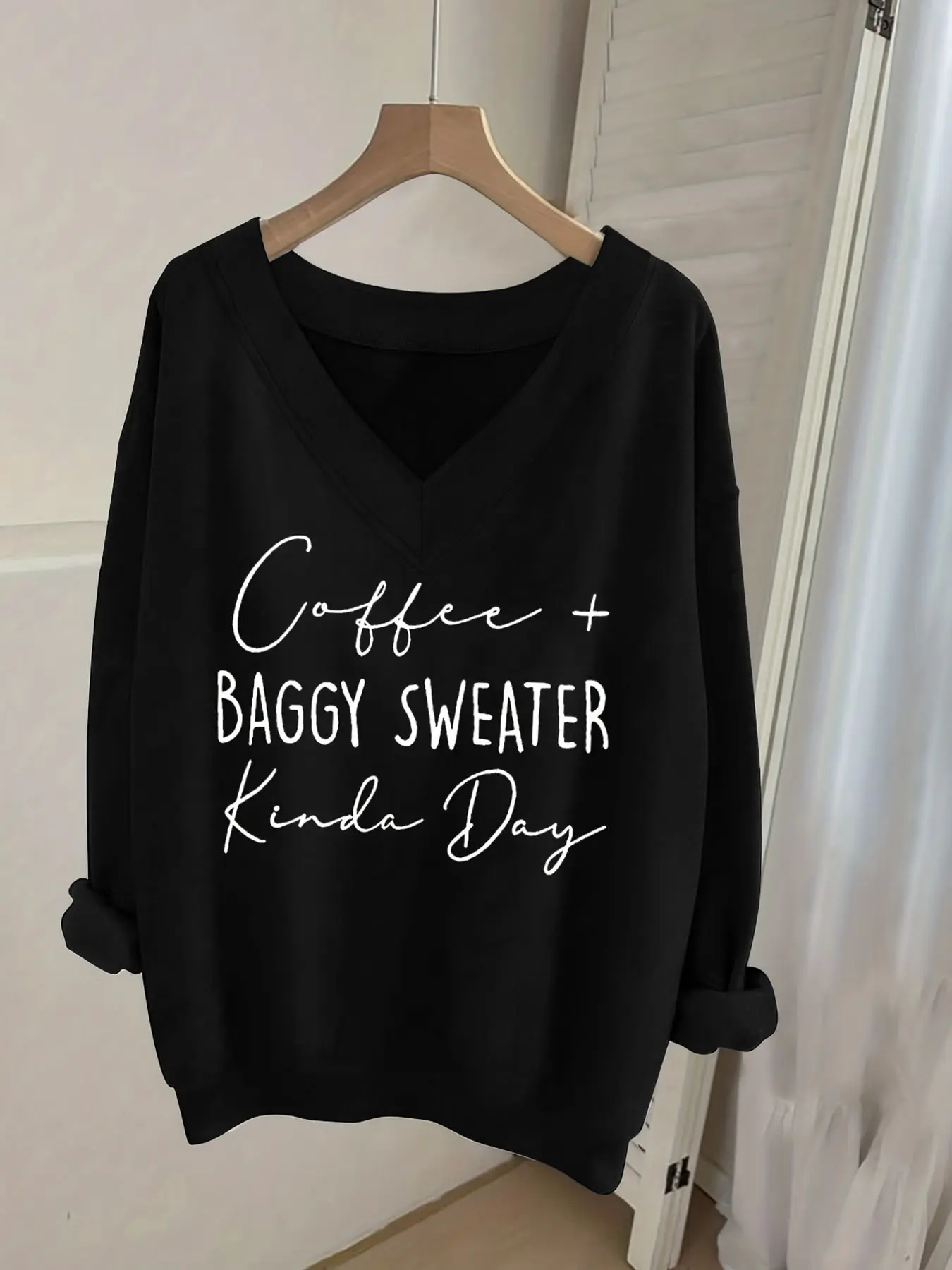 Women's V-neck Long-sleeve Sweatshirt With Fun Slogan Letter Print, Casual Lazy Style Suitable For Daily Loungewear And Streetwear