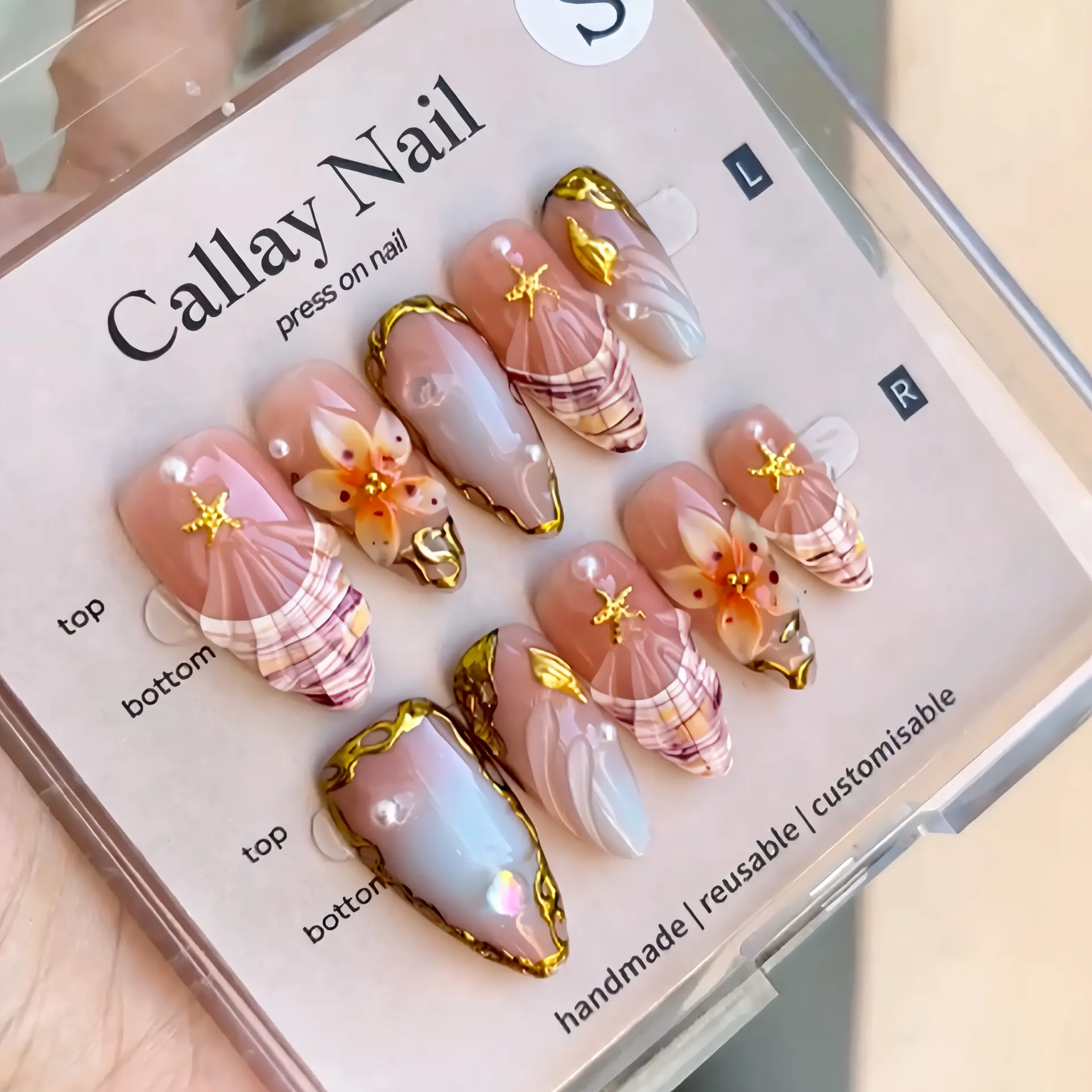30Pcs Summer Romantic Flower Shell 3D Almond Press On Nails Gradient Luxury Fake Nails Fall Aesthetic Back To School Essentials Reusable False Nails for Beach Vacation Summer Daily Wear Nail Art