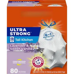 Hefty Ultra Strong 13 Gallon Trash Bags, Tall Kitchen, Drawstring Closure, Odor Control, White, Lavender, Sweet Vanilla, 80 Count