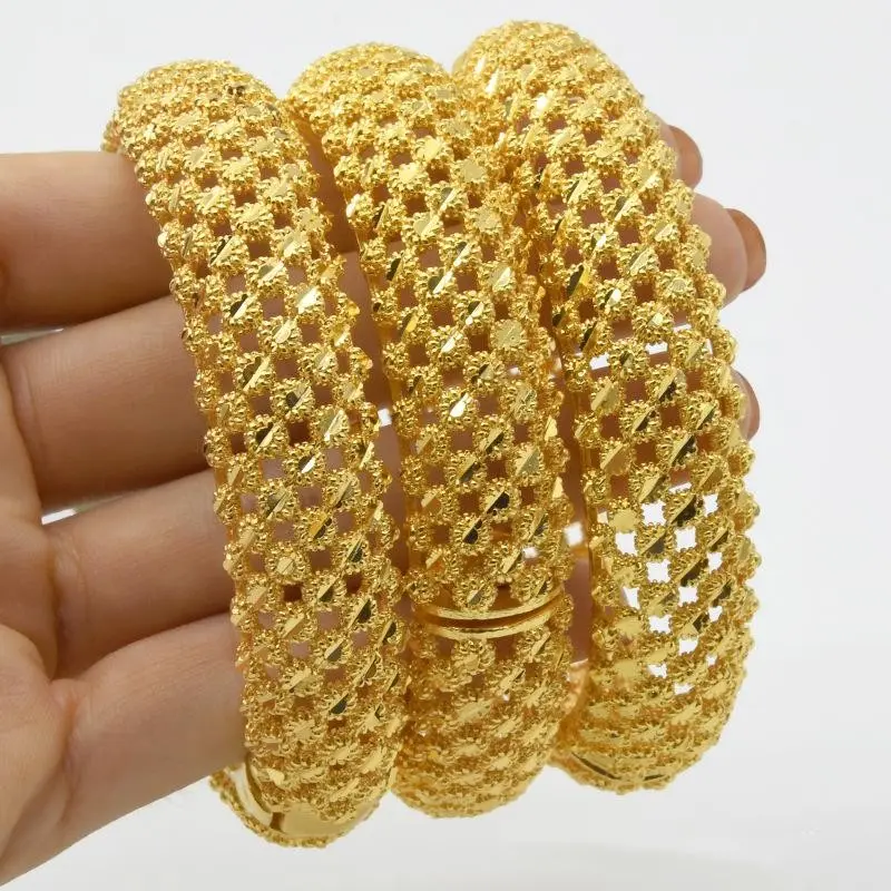 2Pcs Dubai Bride 24K Alloy Copper Open Cuff Bangles Gold Bracelet for Nigerian Arab Women Wedding Jewelry