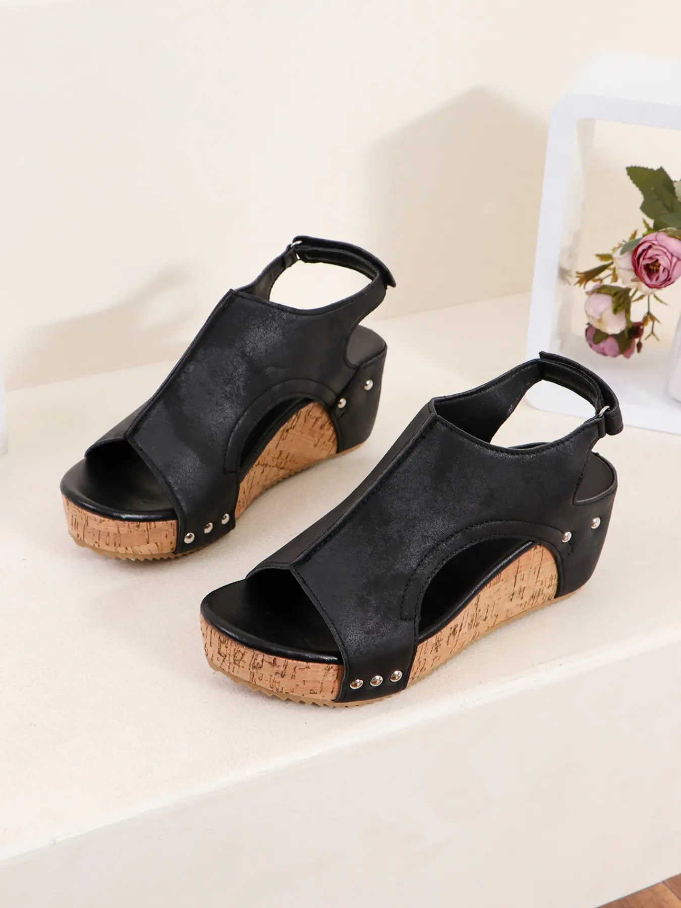 Summer New Fashion Classy Elegant Versatile High Heels Wedge Heel Sandals for Women, Vintage Wood Grain Thick Sole Platform Fish Mouth Toe Open Shoes, Footwear, Thick Bottom Shoes