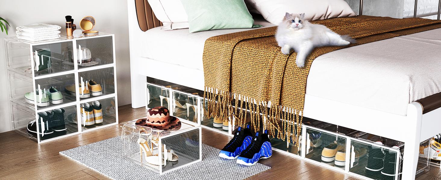 XL Large Stackable Shoe Boxes - Clear Shoe Boxes with Door, Thicken Shoe Organizer for Closet, Saving Foldable Shoe Containers Bins for Sneaker Boot - 6 Pack(White)