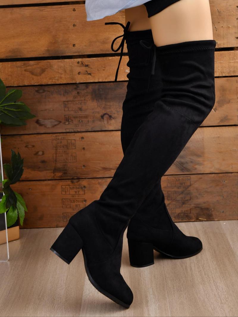 Elegant Solid Color Mid-Heel Over-the-Knee Boots, Fashionable Warm and Comfortable Boots for Fall & Winter, Trendy All-Match Thick-Heeled Boots for Daily Wear