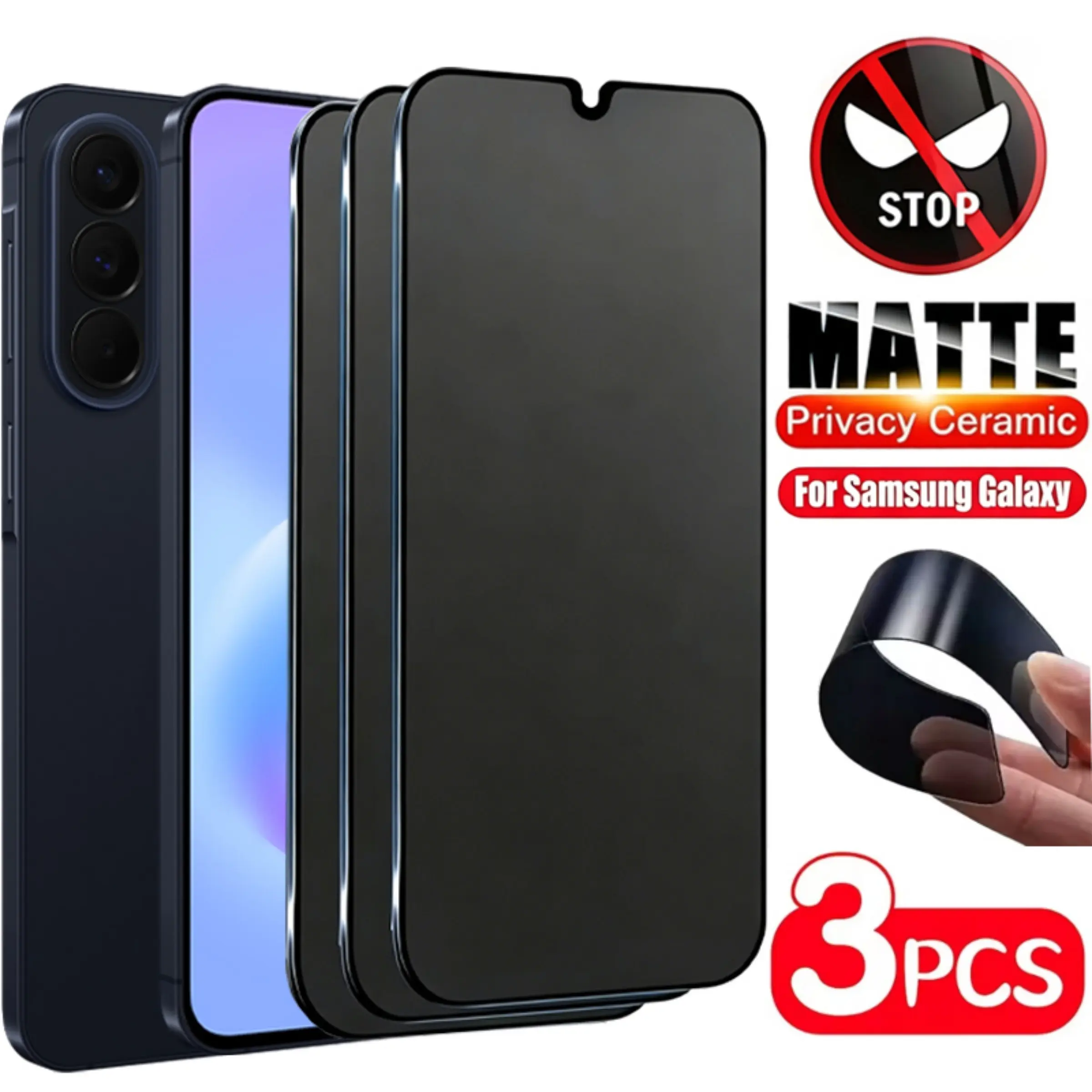 3Pcs Matte Anti-peeping Privacy Ceramic Film Suitable For Samsung Galaxy A57 A37 A27 A17 A07 A56 A36 A26 A16 A06 A55 A35 A15 Scratch Resistant, Anti Fingerprint, Easy to install, Touch Sensitive Phone Screen Protector