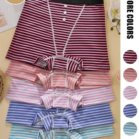 Women's Striped Print Casual Underwear Set, Breathable Comfortable Fabric, 2/3/5 Pieces, Elastic Waistband All Seasons Wear, Lightweight Boyshorts, Casual Comfy Panties