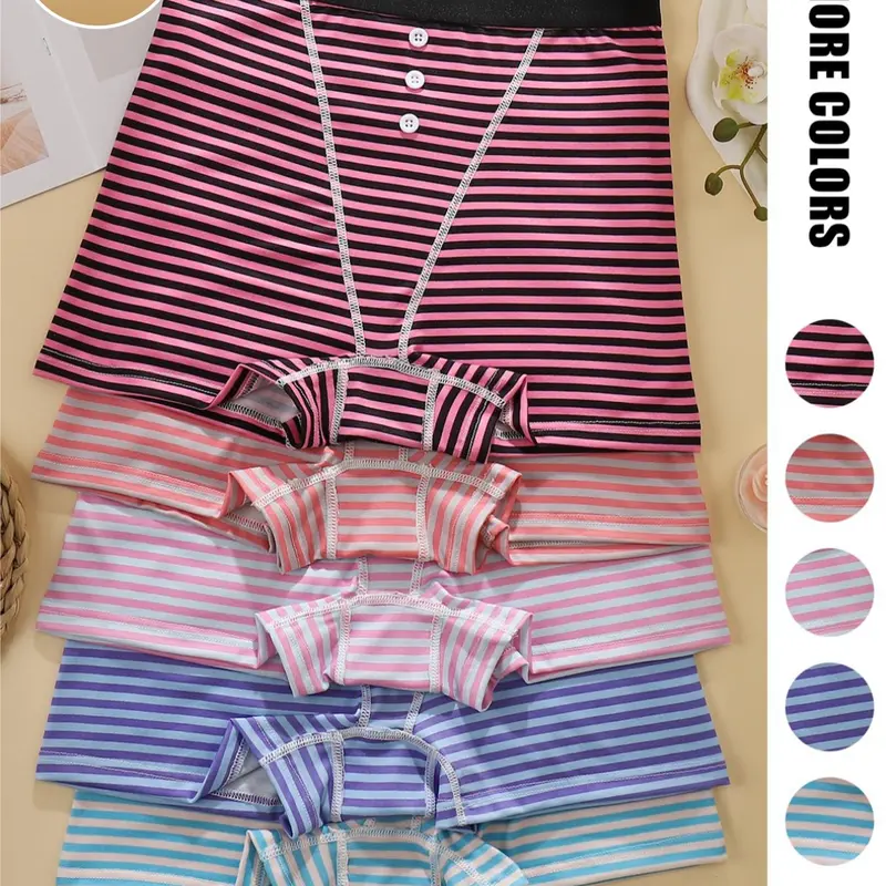 Women's Striped Print Casual Underwear Set, Breathable Comfortable Fabric, 2/3/5 Pieces, Elastic Waistband All Seasons Wear, Lightweight Boyshorts, Casual Comfy Panties