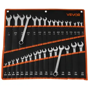 【DealsForYouDays】VEVOR Combination Wrench Set, 32-Piece SAE and Metric, 12-Point Box End and 15° Angled Open End Combination Wrenches with Roll Up Pouch, Carbon Steel, for General Household and Automotive Repairs