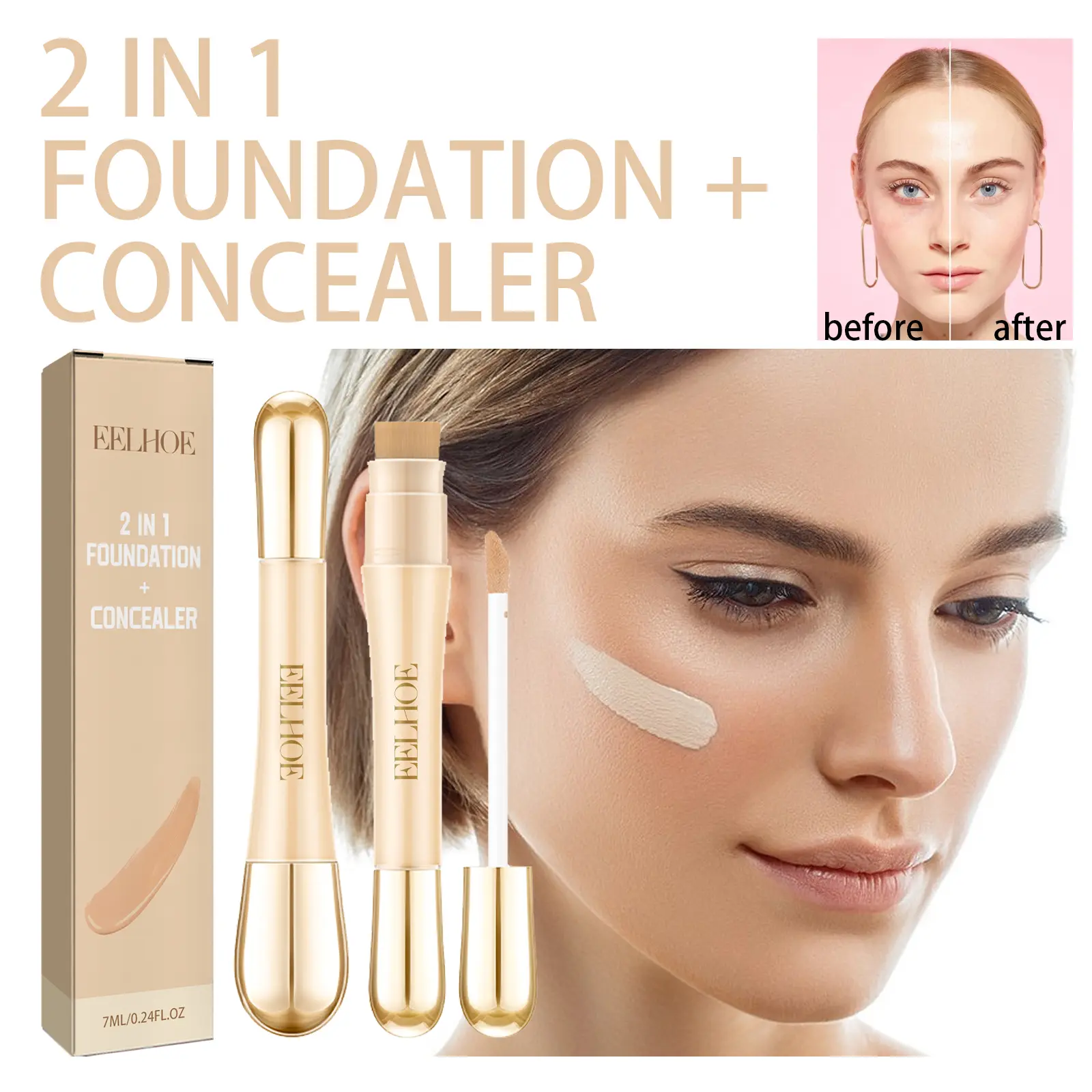 EELHOE Dual-Ended Concealer Cream - Cruelty Free Concealer & Foundation, Long-Lasting Full Coverage, Hydrating, Natural Glow, Covers Dark Spots & Acne Scars, Skin Smoothing Perfector for Face Makeup, Brightening Cleansing