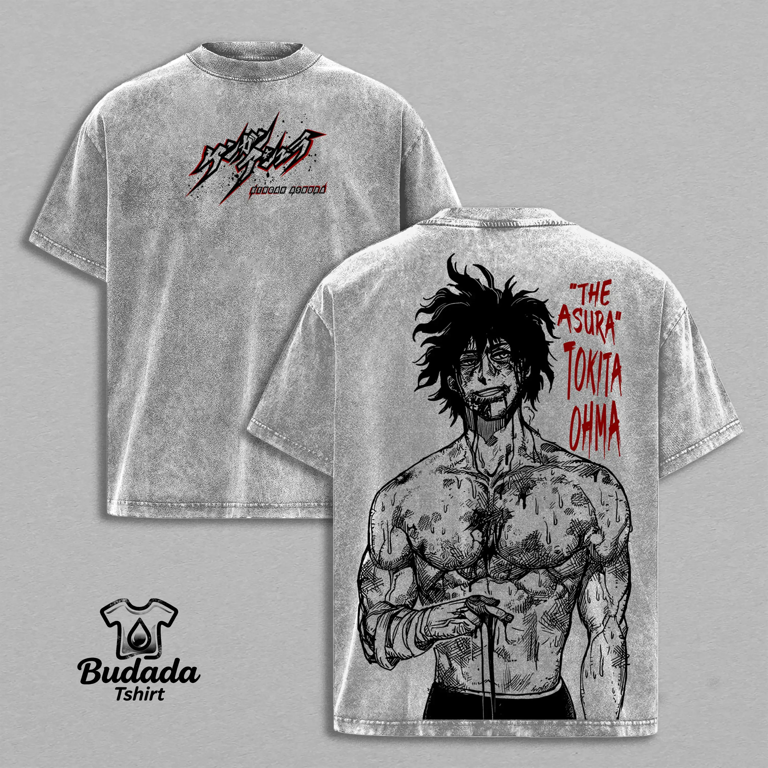 Men's Oversize Heavy Cotton Casual Round Neck Shortsleeve Graphic Tee - Tokita Ohma Kengan Ashura Underground Fighter Double Printed Vintage Streetwear Unisex Tops, Graphic Tees, T-Shirt, All Seasons
