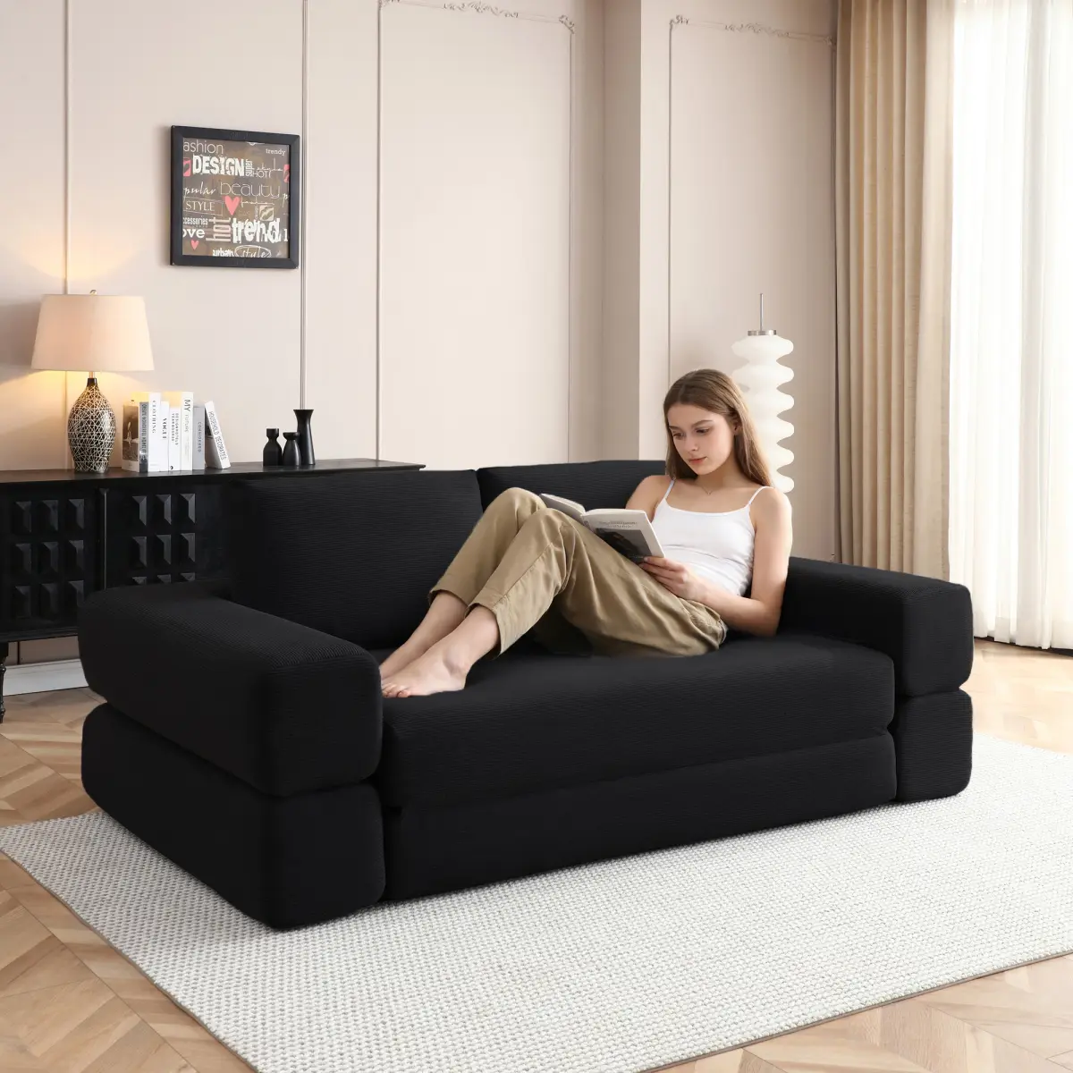 81"Convertible Sleeper Sofa Bed, High Back Plush Corduroy Boneless Futon Loveseat with Pull Out Bed, Folding Floor Mattress Couch, No Assembly Required (Black)