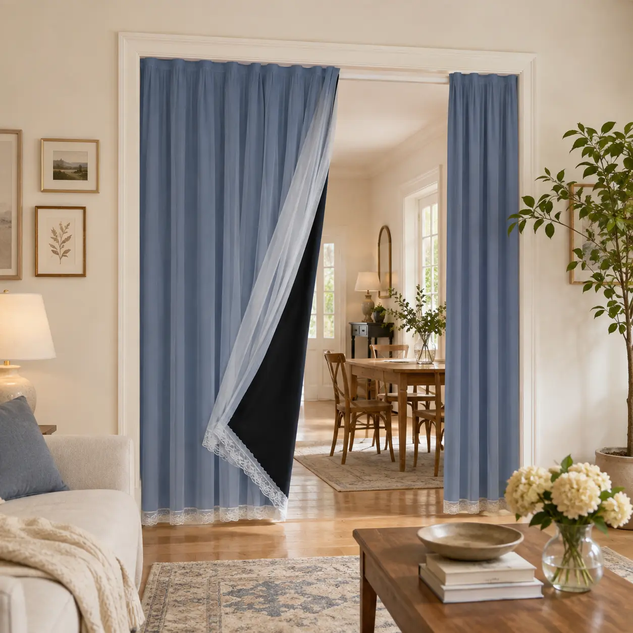 Snooztex No-Drill Door Curtain, Self-Adhesive Hook-and-Loop Blackout Panel with Sheer Overlay for Doorway, Bedroom & Apartment