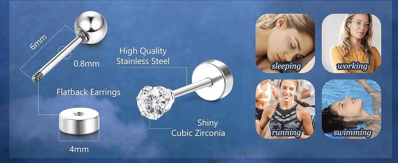 THUNARAZ 16 Pairs Tiny Ball CZ Studs Earrings for Women Men Surgical Steel Flat Back 2/3mm Cartilage Stud Earrings Hypoallergenic Tragus Helix Daith Piercing Cartilage Earrings for Daily Outings Adjustable Waist Chain for Christmas Gift