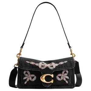 COACH Tabby 26 Crossbody Bag for Women – Bow-Embellished Detachable Strap, Fabric, Medium, Black