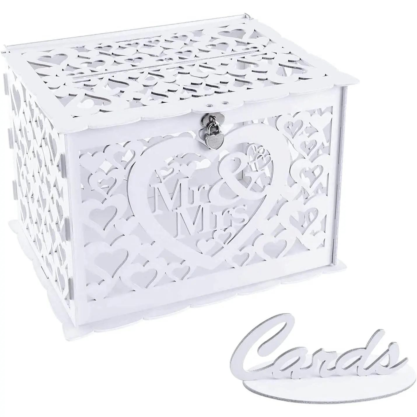 Wedding  Box Holder with Sign, Large Rustic  Wooden DIY Envelope   Card Boxes with Lock Slot for Reception Anniversary Graduation Birthday Party Parties (Mr & Mrs, White)