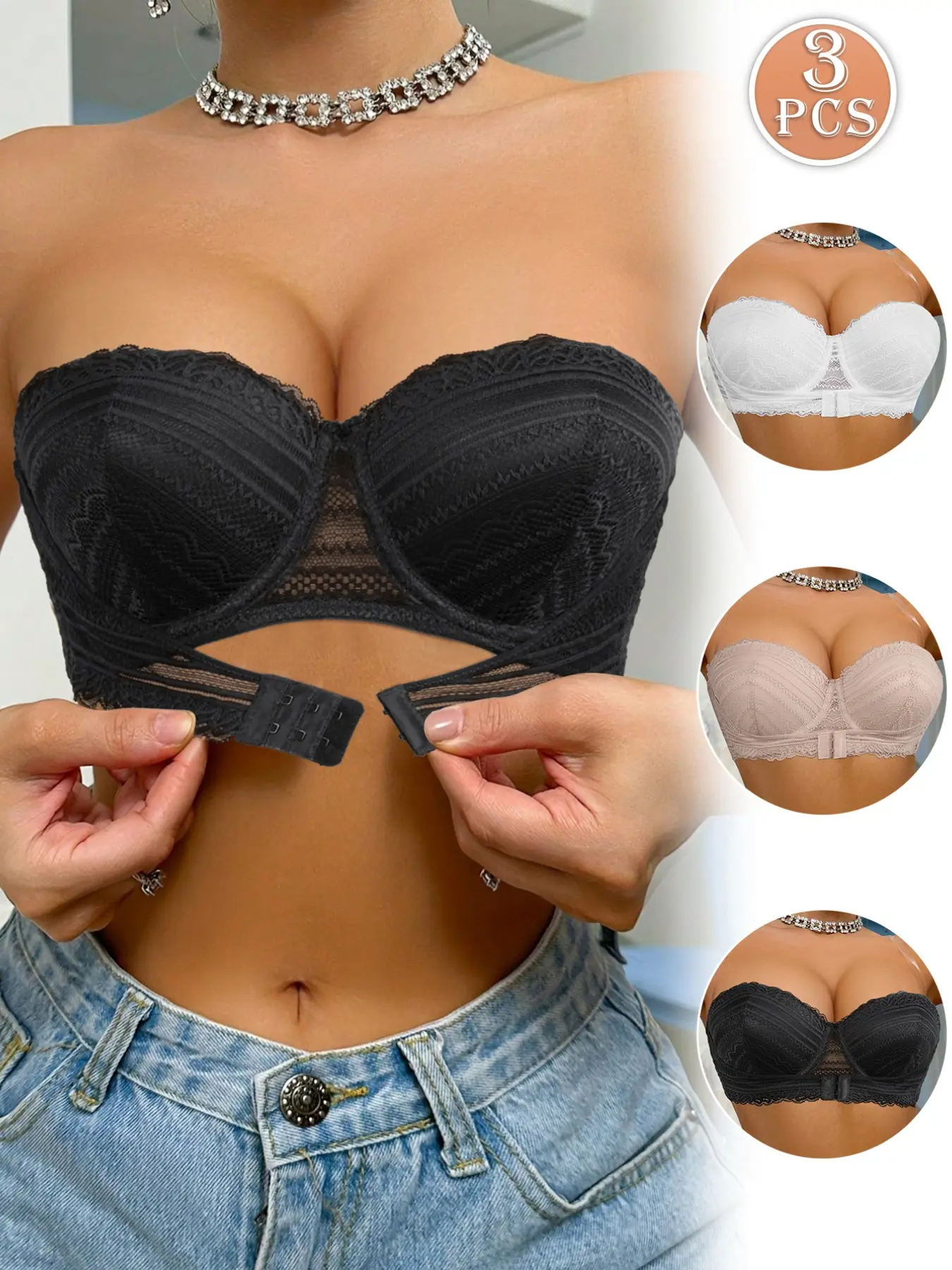 1/3PCSWomen Vintage  Lace Strapless Longline Bra, Underwire Push-Up Anti-Slip Front Closure, Detachable Clear Straps Multi-Way Bandeau for Wedding & Off Shoulder Outfits Multiway Strapless Bra