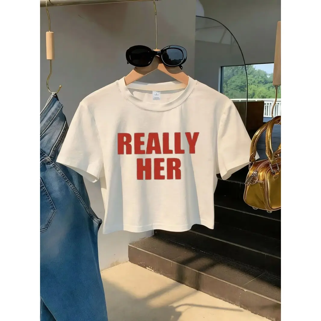 Really Her Letter Print White Crop Top Y2K Casual Short Sleeve Crew Neck Soft Cotton T Shirt For Women Summer Streetwear Daily Wear Teen Girls Fashion Aesthetic Cute Tops