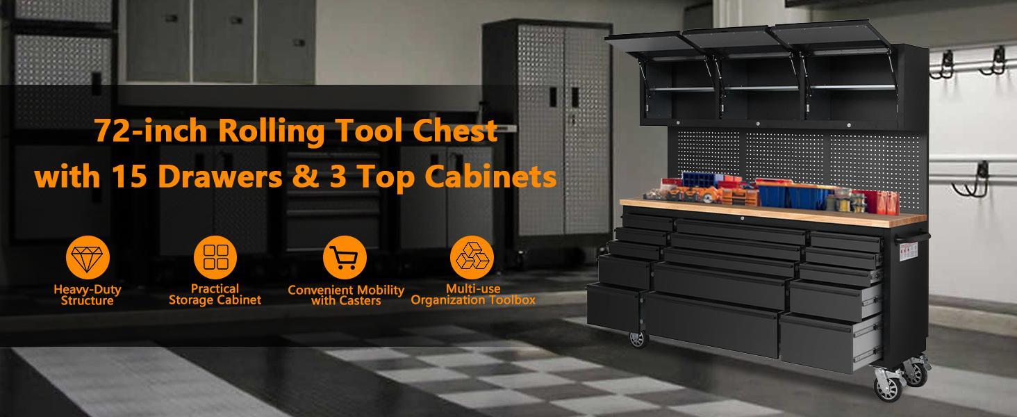 72-inch Rolling Tool Chest Cabinet Garage Workbench with 15 Storage Drawers and Wheels, 3 Upper Cabinet, Pegboard, Steel Large Tool Box for Garage Workshop, Matte Black