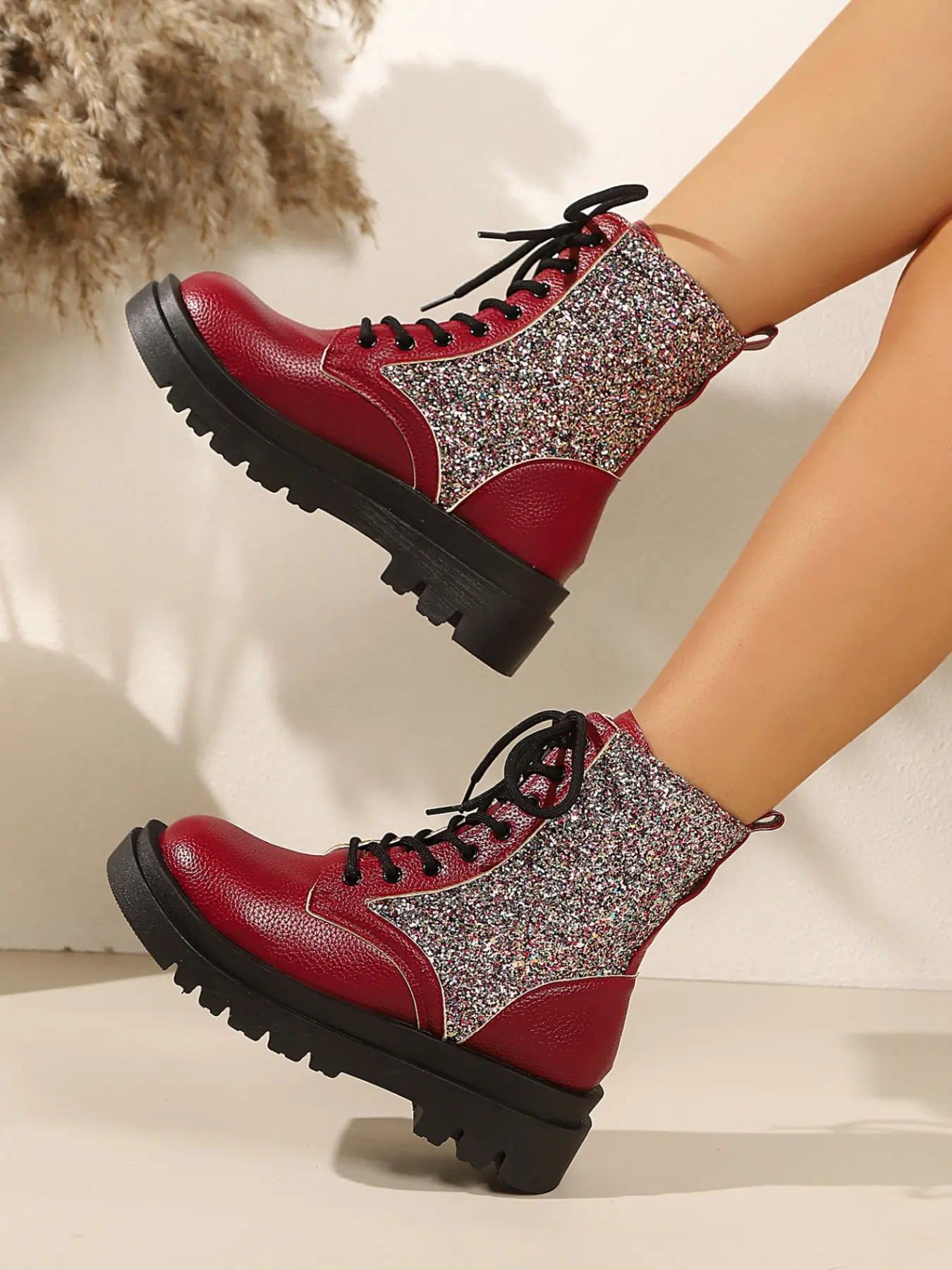 Women's Patchwork Sequin Short Ankle Boots, Lace-Up Round Toe Thick Sole, Y2K Street Style, Casual Party Night Out, Jeans Pairing