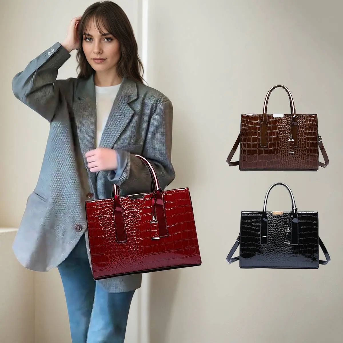 Women's Large Capacity Crocodile Pattern Shoulder Bag PU Leather Messenger Bag Top Handle Satchel Zip Closure Handbag for Office & Party