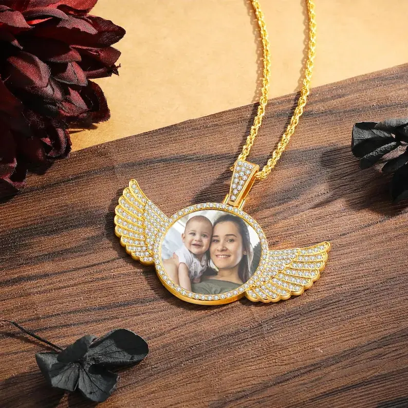 Personalized Diamond Studded Angel Wings Photo Necklace, Custom Photo Necklace, Hip Hop Photo Pendant, Custom Memorial Keepsake Necklace