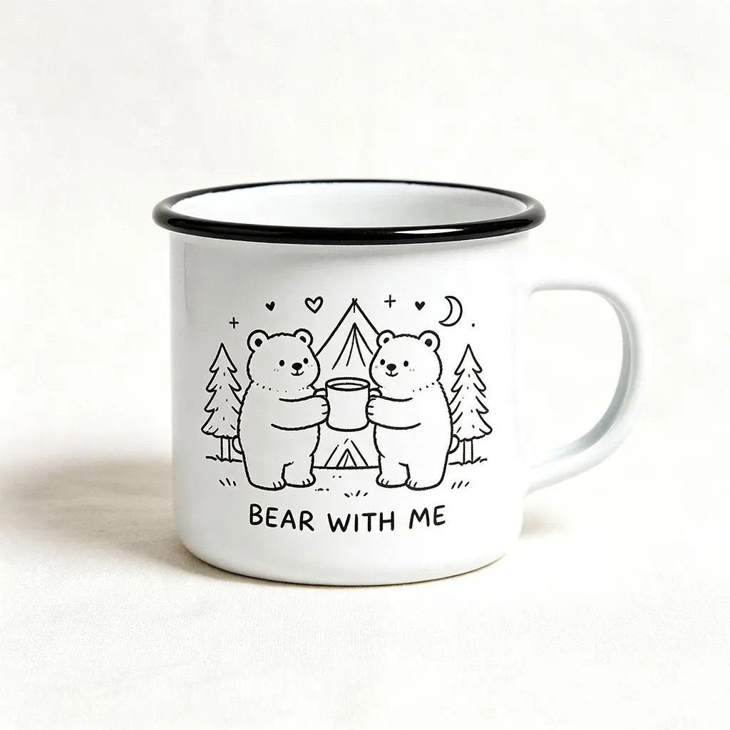 Bear With Me Enamel Mug Cute Camping Bears Coffee Cup Outdoor Adventure Gift