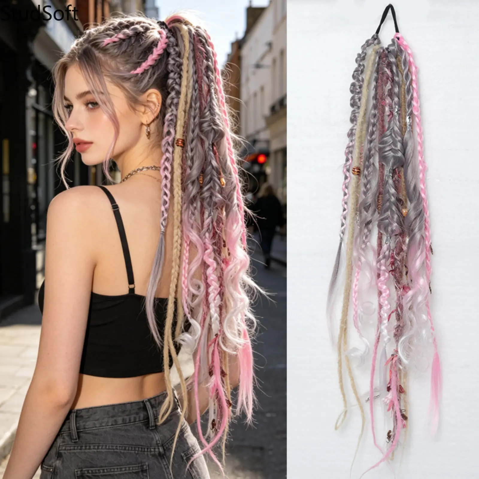 1PC Boho Festival Ponytail Extensions Colorful Mixed Braids Hairpieces with Beads and Rings Accents Fairy Messy Braid Hair Accessories for Women Girls Daily Styling,sohochic