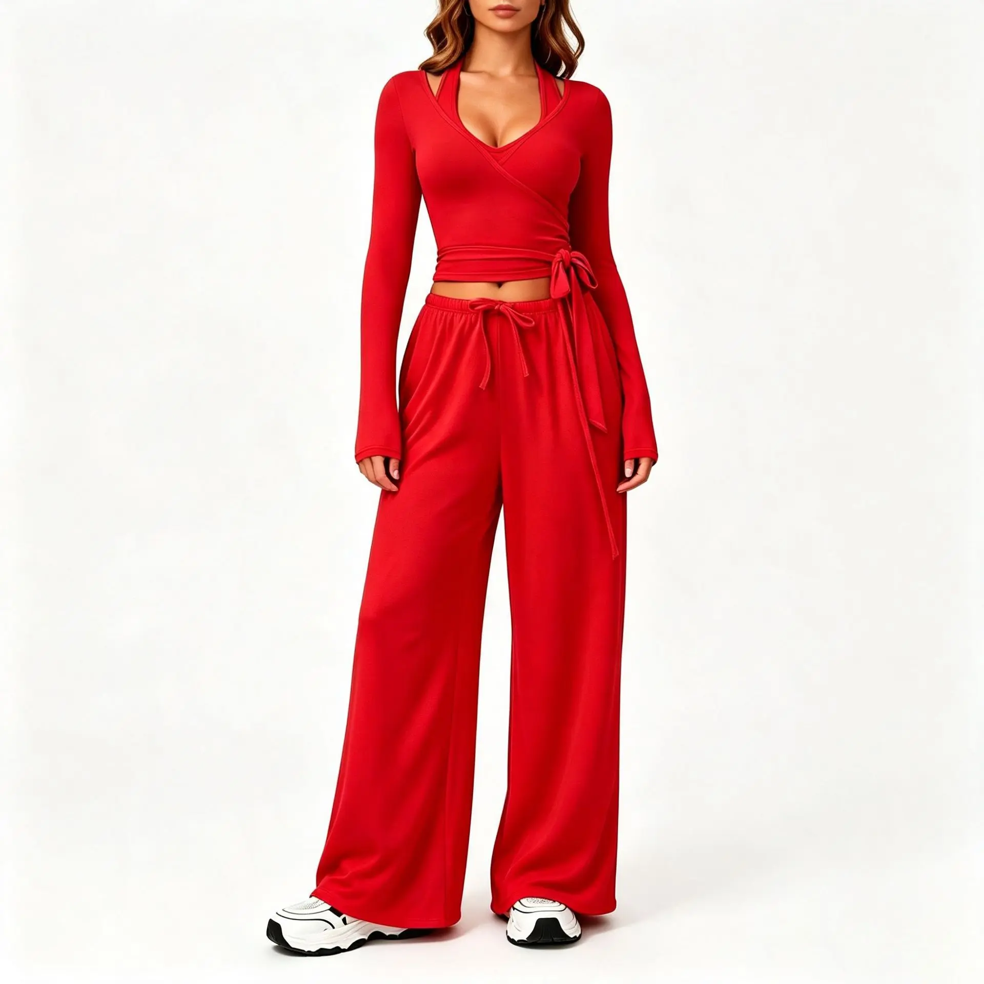 2026 New Women's Three Piece Sports Casual Outfit Adjustable V Neck Camisole Wide Leg Pants Soft Breathable Comfortable Daily Wear Workout Set For Women