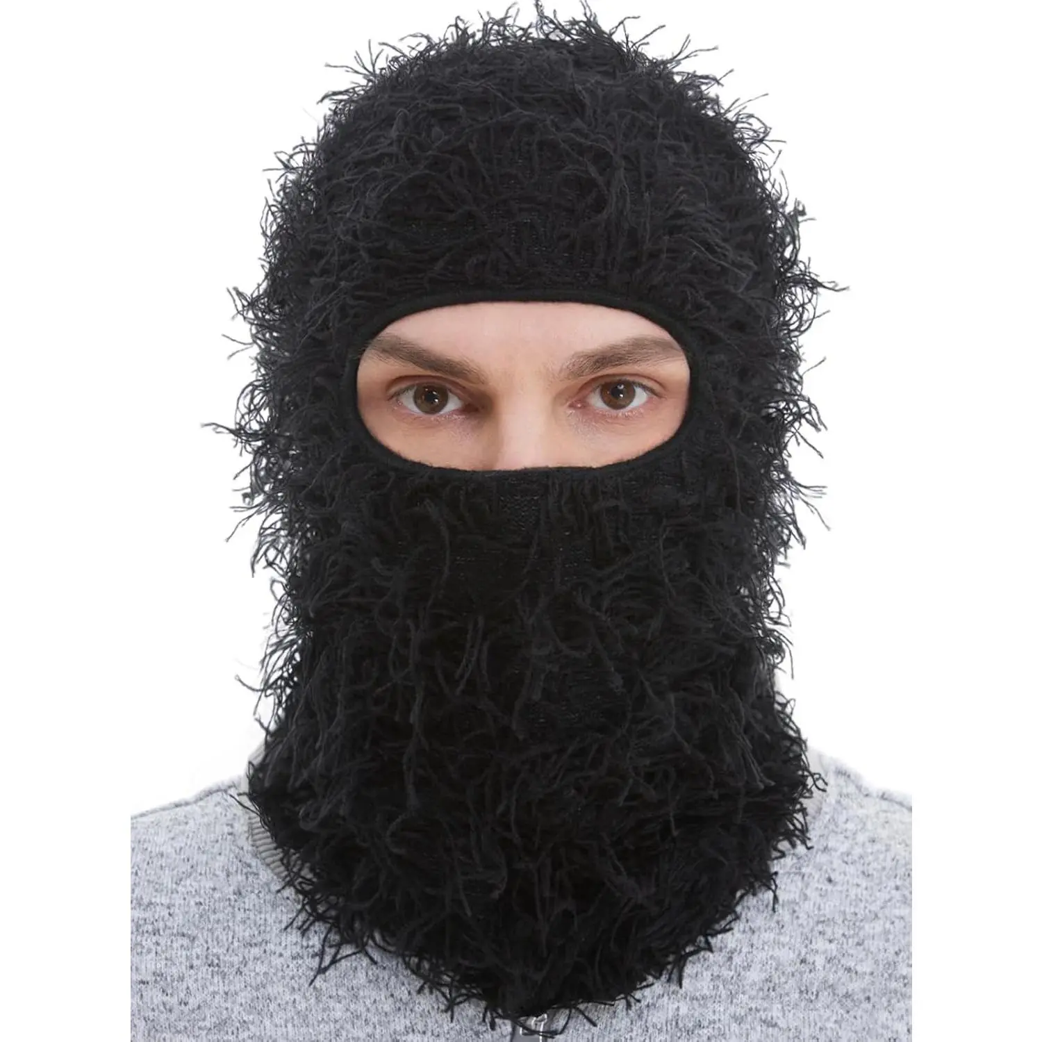 Distressed Ski Mask Balaclava, Fluffy Knitted Full Face(Gift)