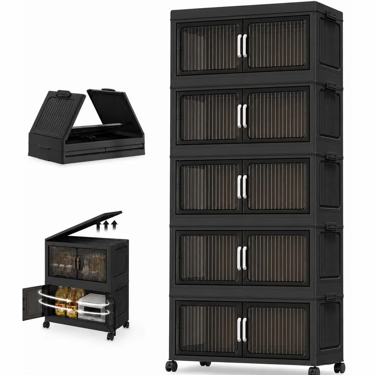 5 Tier Stackable Plastic Storage Bins with Lids , Collapsible Closet Organizers and Storage with Wheels for Living Room,Office,Dorm