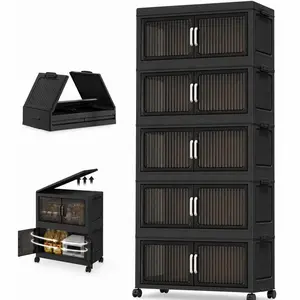5 Tier Stackable Plastic Storage Bins with Lids , Collapsible Closet Organizers and Storage with Wheels for Living Room,Office,Dorm