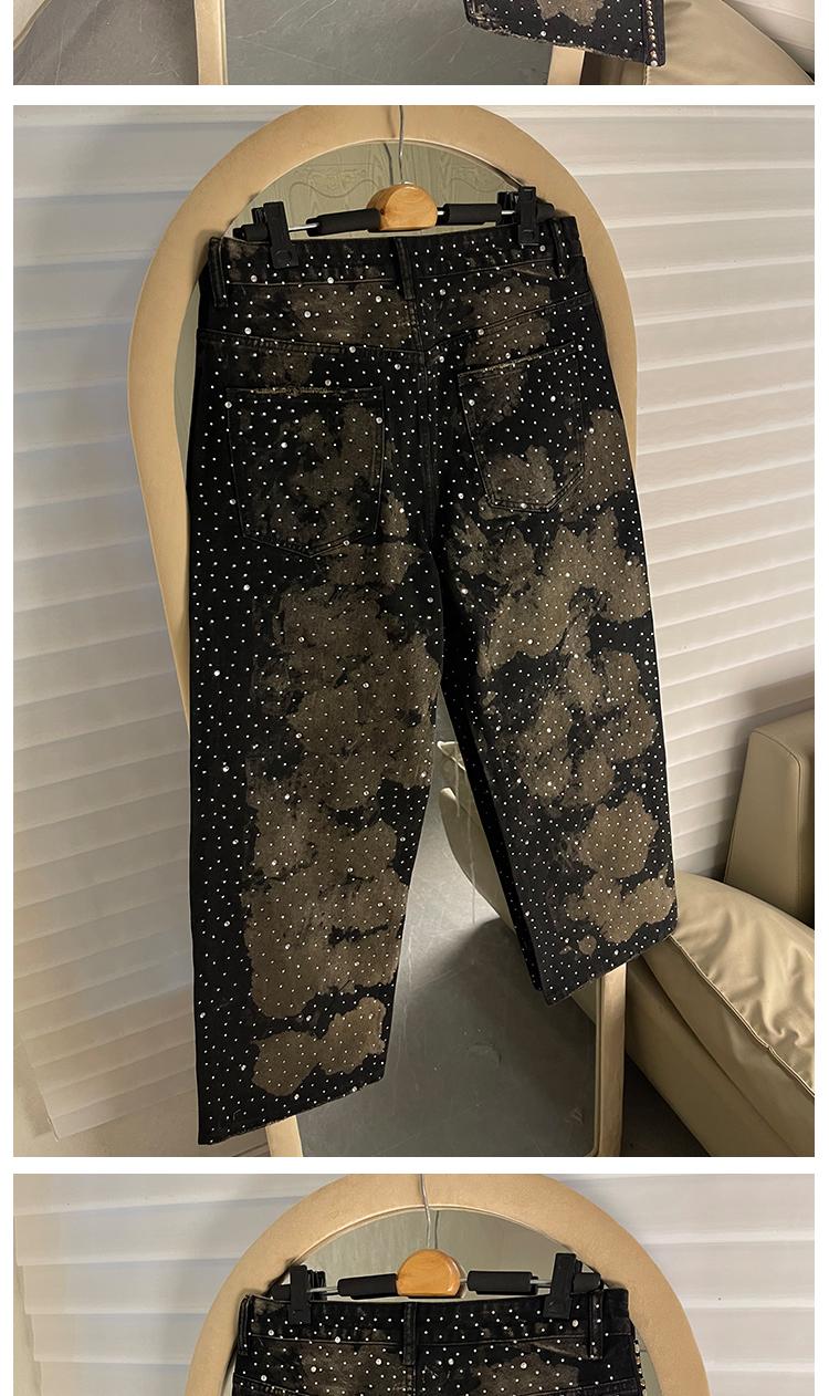 Parisian Sle Heavy Du Rhinestone Rivet Denim Jeans Loose Straight Leg Wide Leg Pants ex American Retro Trendy Brand